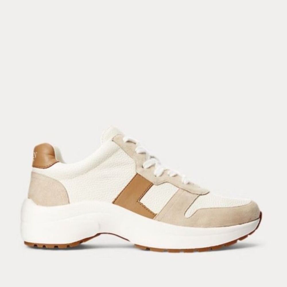 Ralph Lauren Women's Rylee Ivory Leather Tan Suede Fashion Athletic Shoe Size 8